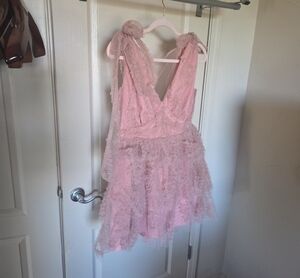 Just Me Pale Pink Sheer Lace Mini Dress